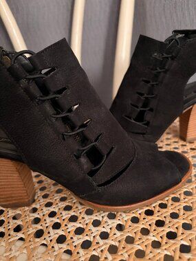 Paul Green Mindy Black Suede Side Zip Peep Toe Sling Back Sandal Block Heel
